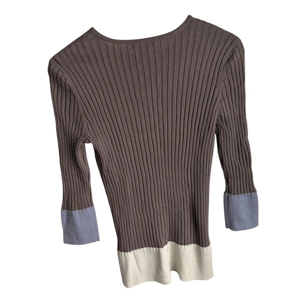St John Wool Blend Ribbed Small Knit Crew 3/4 Sleeve Colorblock Sweater Top - Picture 5 of 7